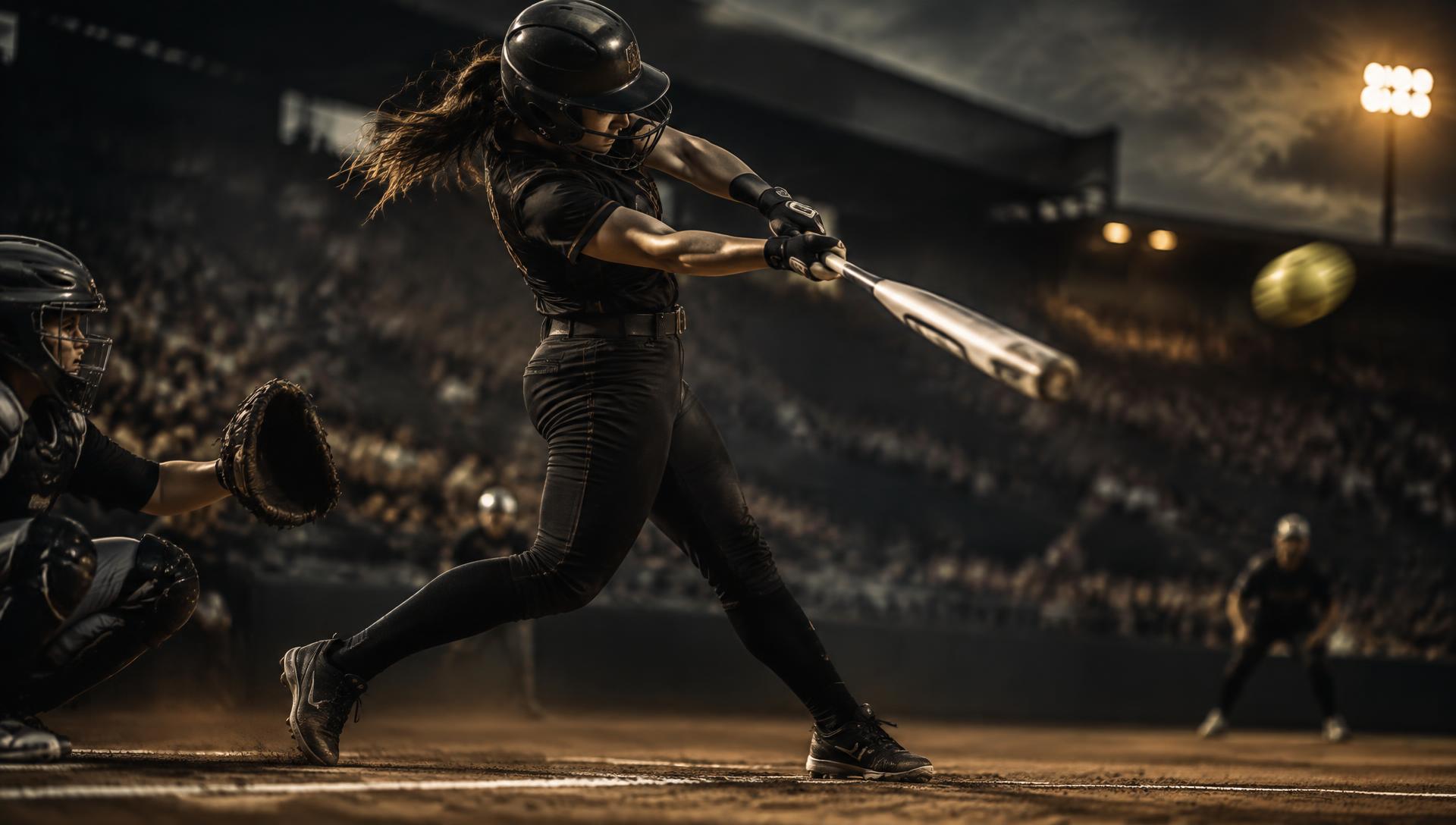 Athletes Unlimited softball batter swinging under stadium lights