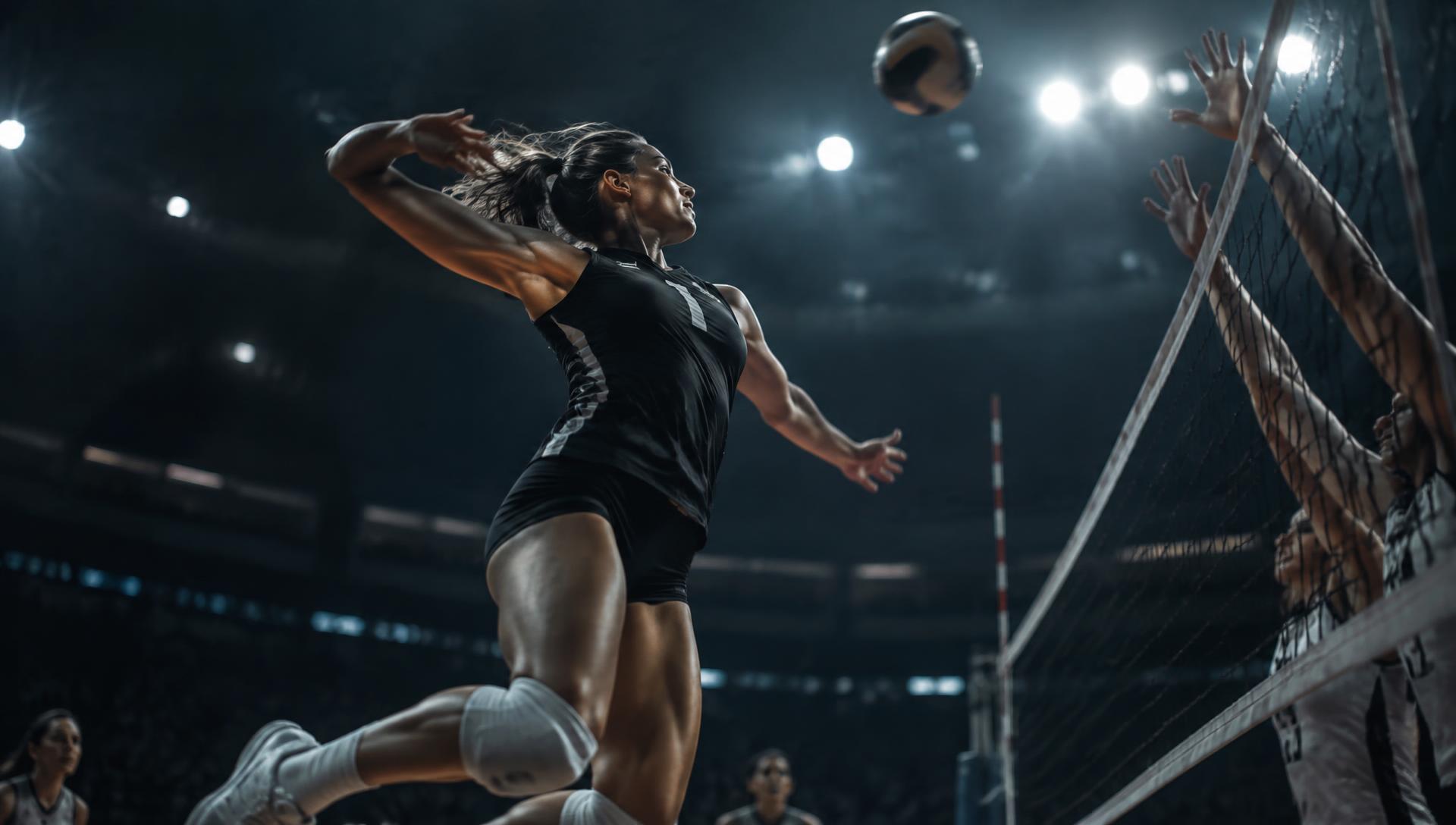 Athletes Unlimited volleyball player attacking at the net
